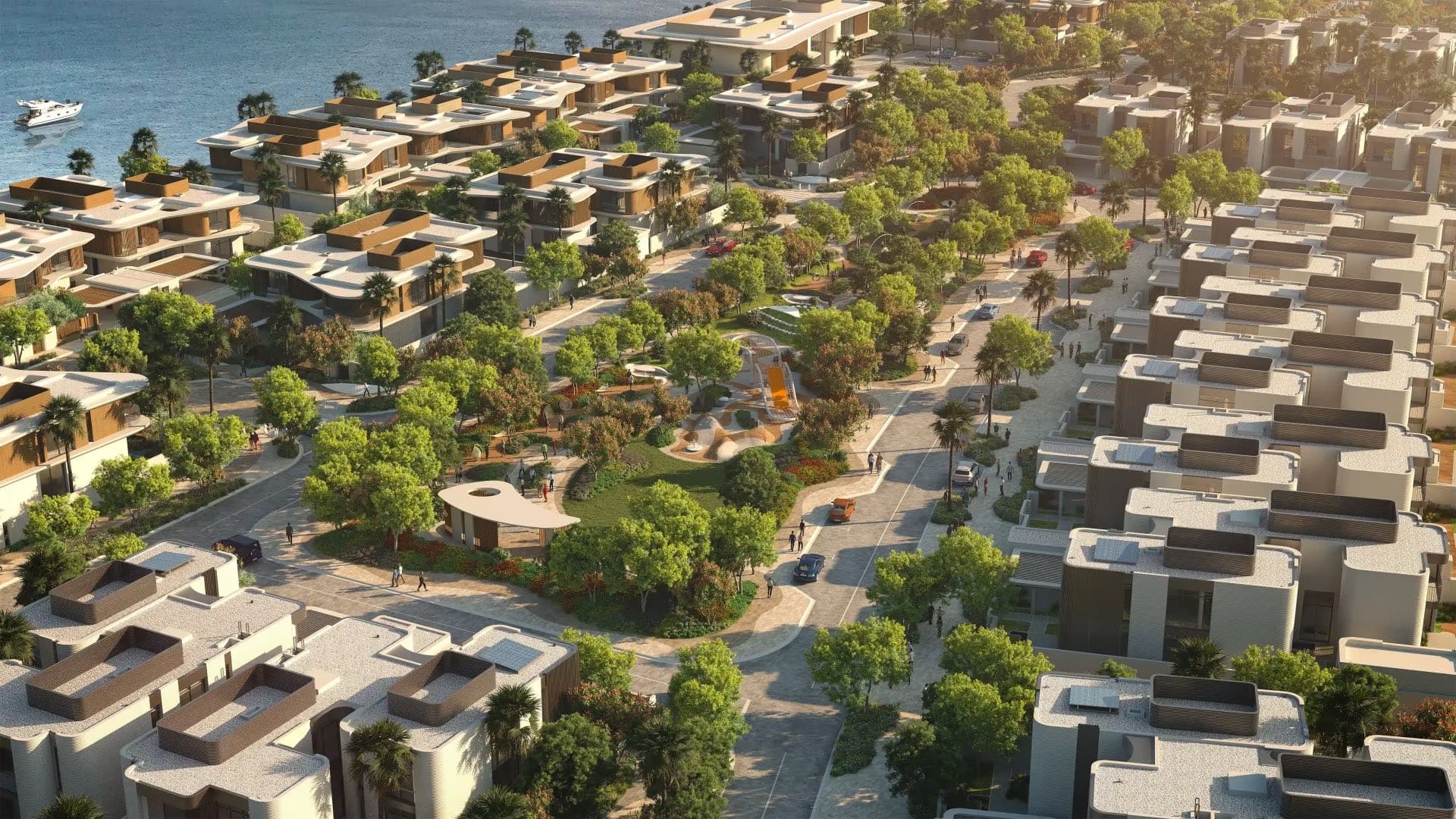 Yas Riva Reserve — aerial of the villa community and waterfront on the north-east of Yas Island